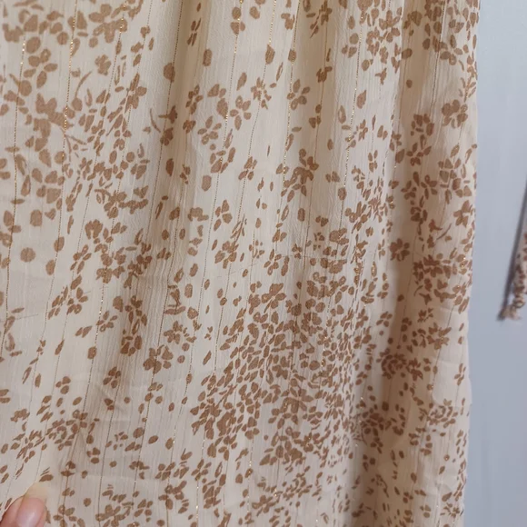 SIENNA SKY Floral Dress Gold Print Smocked Short Sleeve A Line Mini Cream Dress - Picture 10 of 10